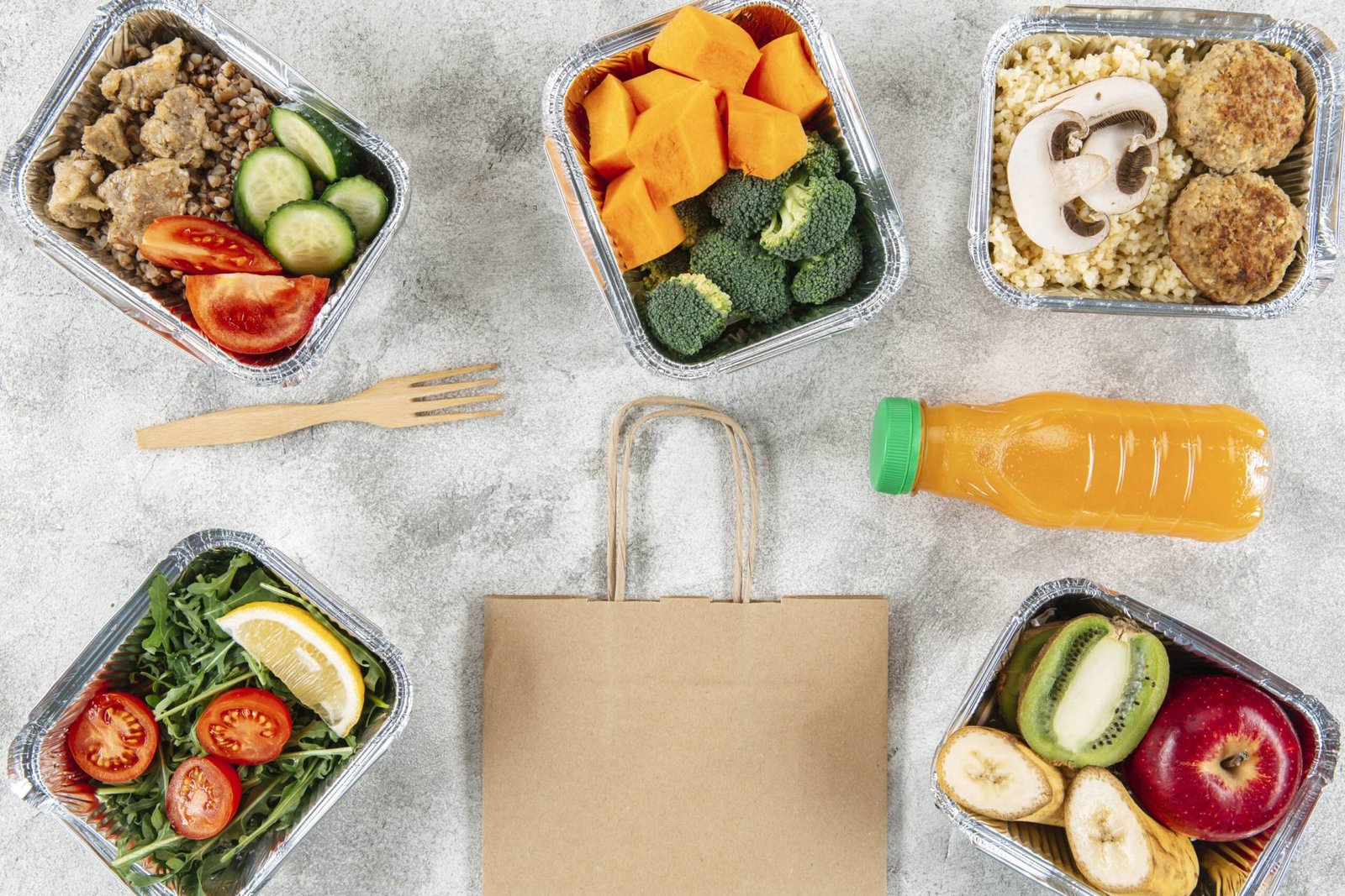 Home Flat Lay Paper Bag With Meals Casseroles Orange Juice Scaled
